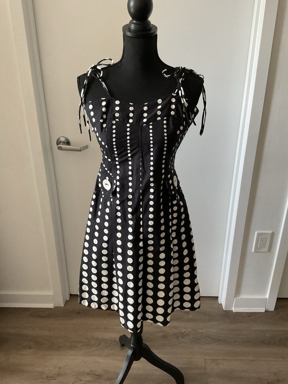 Lucy Paris Dress Black White Polka Dot Tie Strap 100% Cotton Retro Rockabilly L